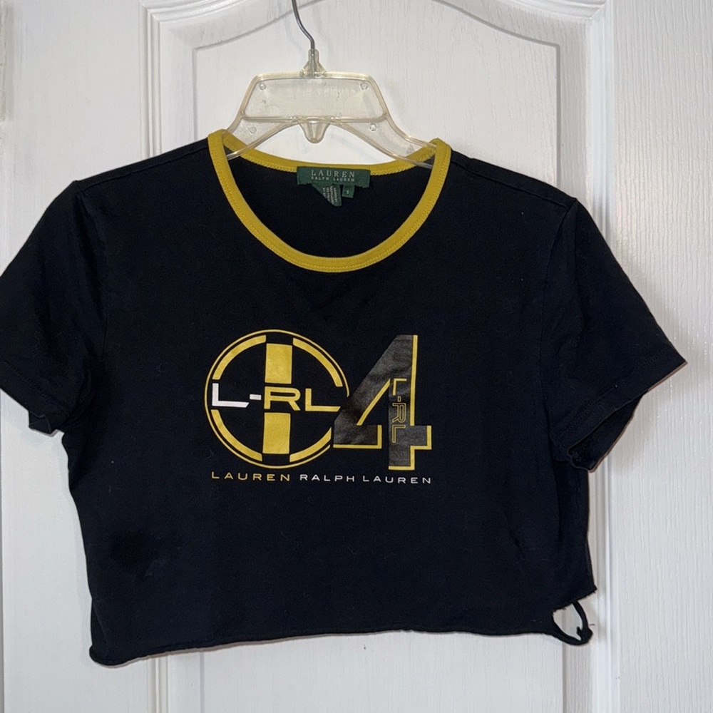 Lauren Ralph Lauren Racing Graphic Cropped Ringer Tee Black Yellow Size S